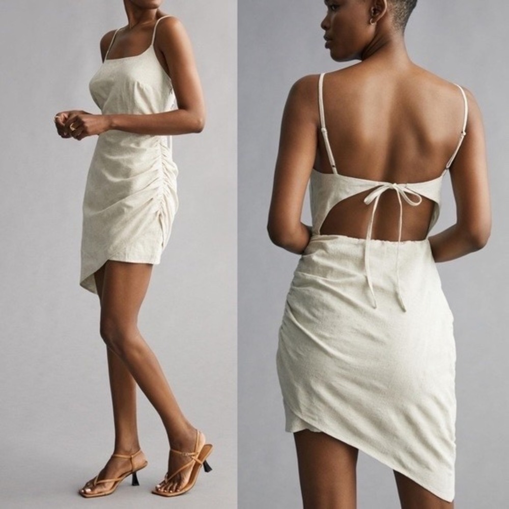 Flat White Cotton Spaghetti Strap Beige Ruched Mini Dress Women's Size Small